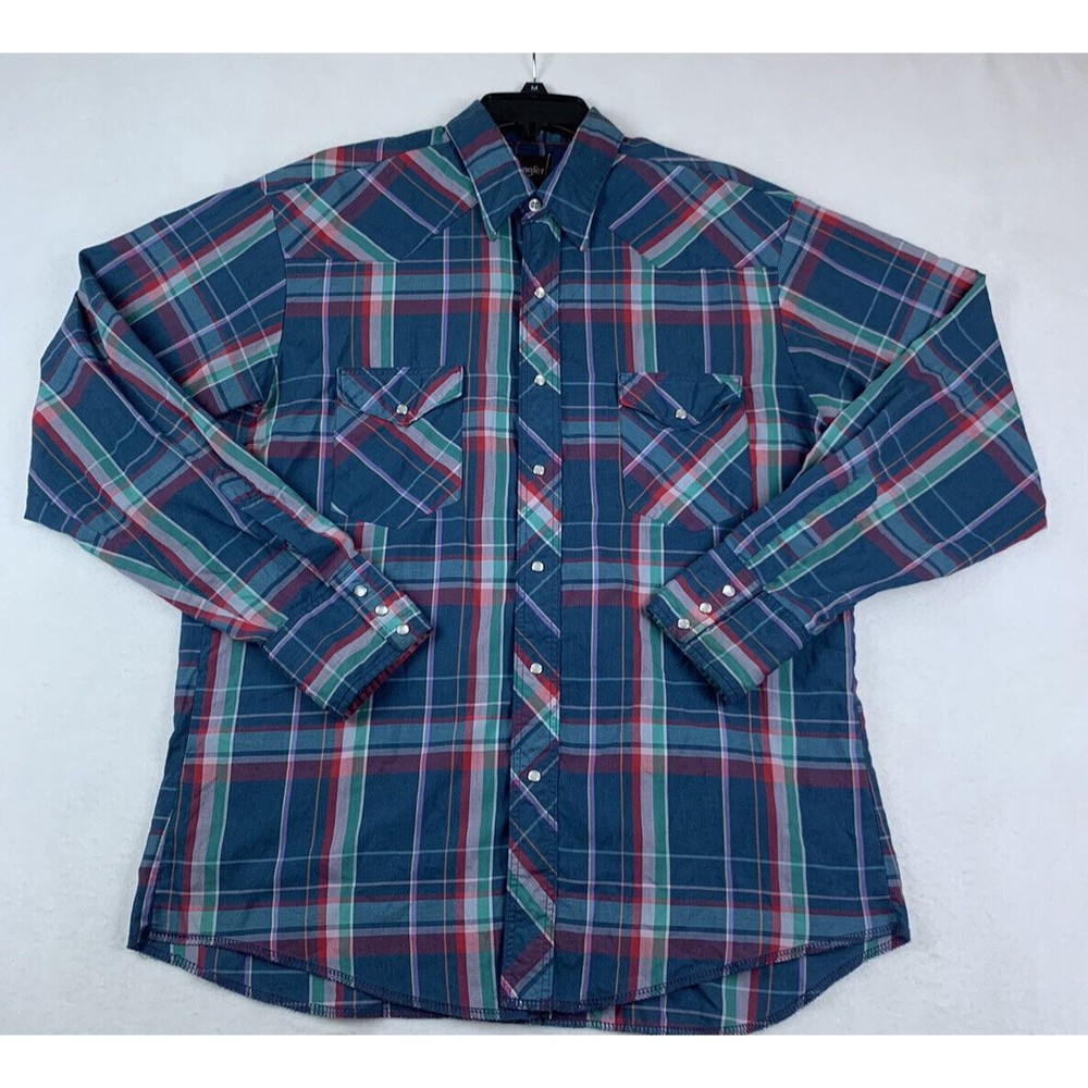 VTG Wrangler Western Shirt Mens L Blue Green Red Plaid Pearl Snap Cowboy Rodeo